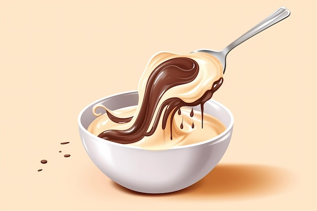 A bowl of chocolate and milk with a spoon