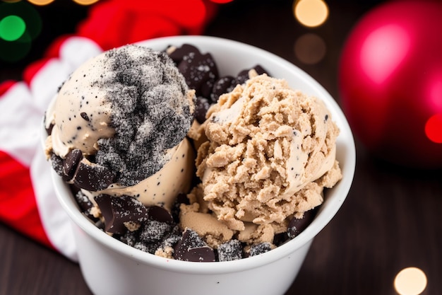 A bowl of chocolate and peanut butter ice cream with a red christmas bauble in the background.