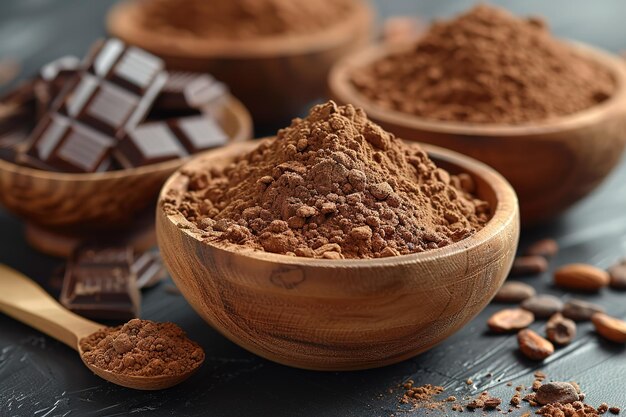 Photo a bowl of chocolate powder is on a table with a spoon and some chocolate chips