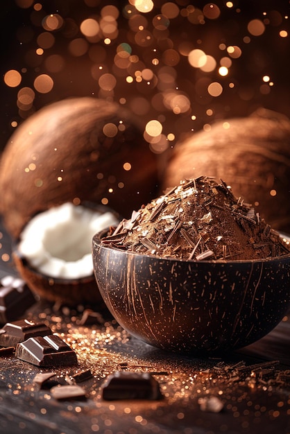 a bowl of chocolate with chocolate chips on the table