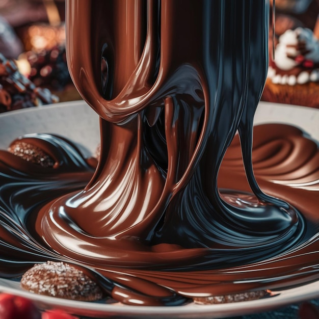 a bowl of chocolate with a chocolate sauce and berries on it