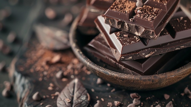 a bowl of chocolate with a leaf on it