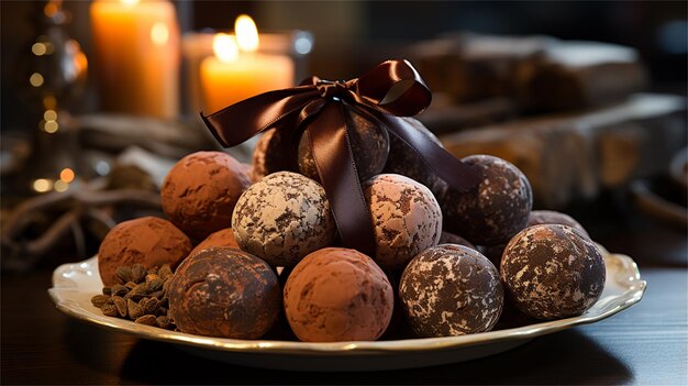 Photo a bowl of chocolates with a bow on it