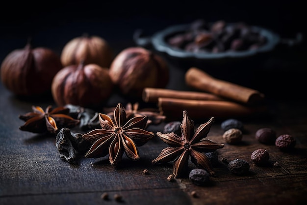 A bowl of cinnamon, star anise, and cinnamon on a wooden table.