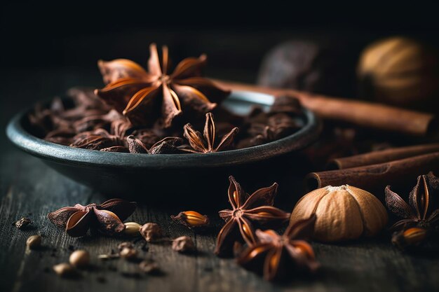 A bowl of cinnamon and star anise on a table