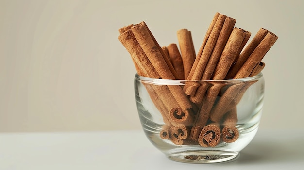 a bowl of cinnamon sticks in a glass bowl with the word cinnamon on it