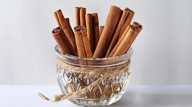 Photo a bowl of cinnamon sticks in a glass bowl