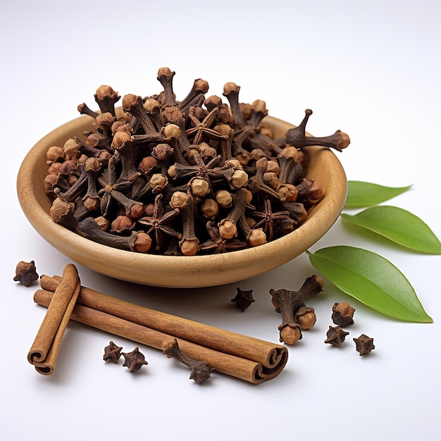 a bowl of cinnamon sticks with a wooden spoon and some leaves.