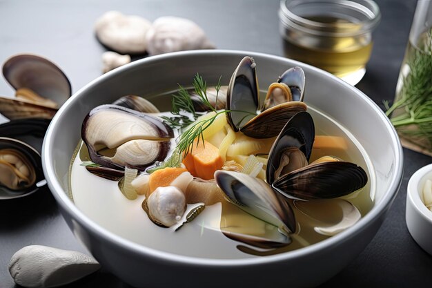 Bowl of clear broth with mussels clams and other healthy ingredients