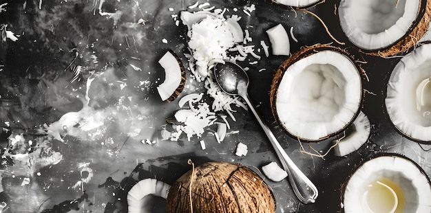 Photo a bowl of coconut oil with spoon and coconut halves arranged around it on a table