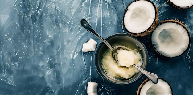 Photo a bowl of coconut oil with spoon and coconut halves arranged around it on a table