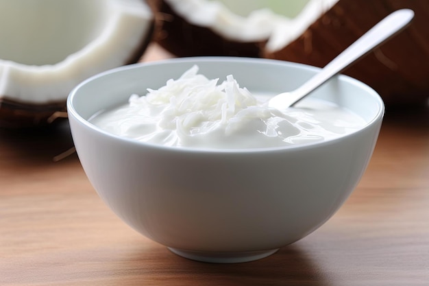 A bowl of coconut yogurt with a spoon in it