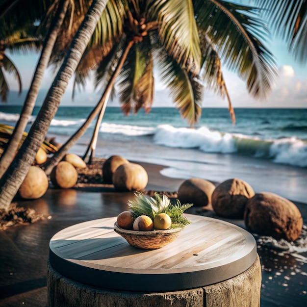 a bowl of coconuts sits on a round table with palm trees in the background