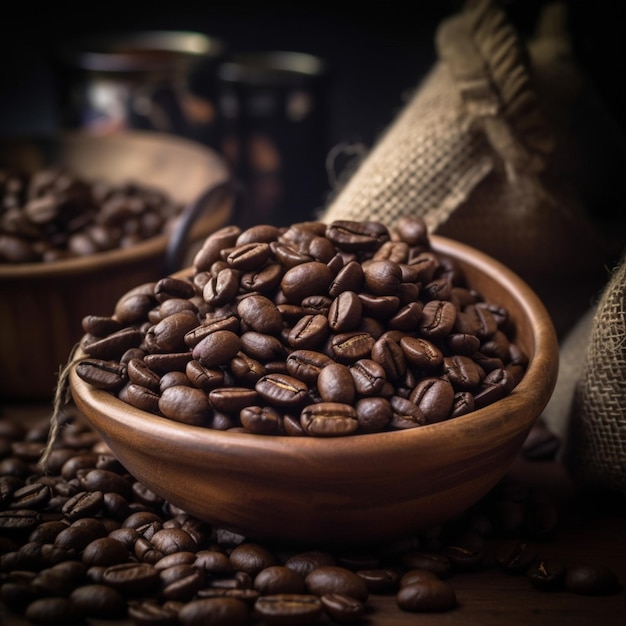 A bowl of coffee beans with a bag of coffee beans in the background.