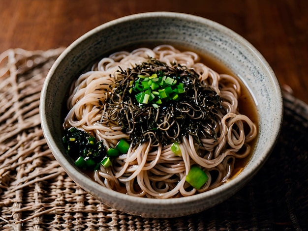 A bowl of cold soba noodles with a soyginger dipping sauce and shredded nori