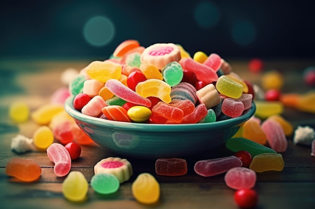 A bowl of colorful candy sits on a wooden table.