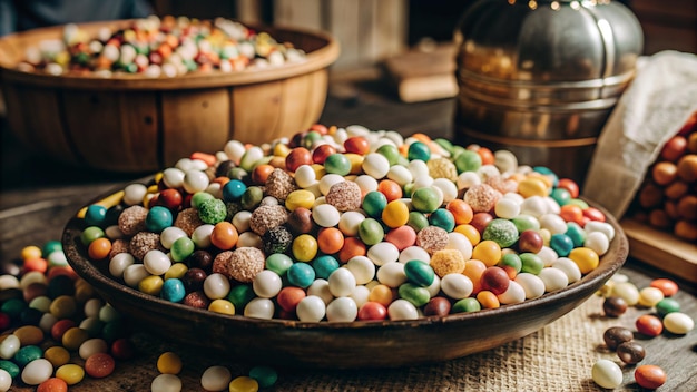 a bowl of colorful candy with a basket of candy on the table