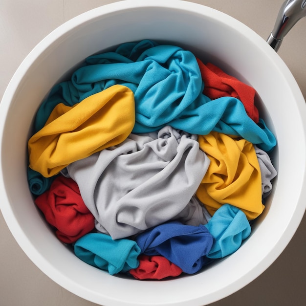 a bowl of colorful clothing is being poured into a bowl