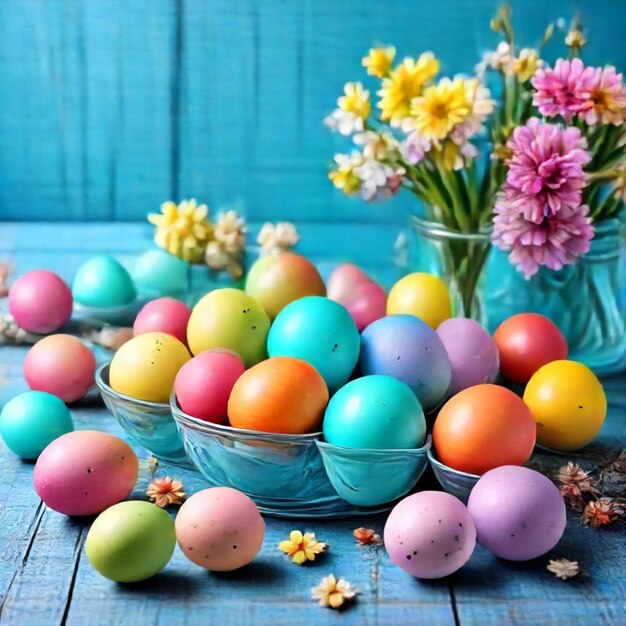 a bowl of colorful easter eggs with flowers in them