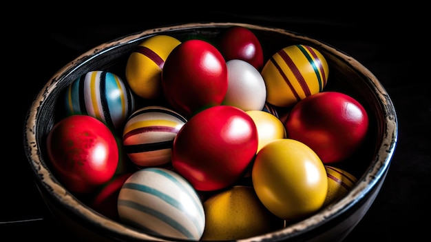 A bowl of colorful easter eggs with the word easter on the bottom.