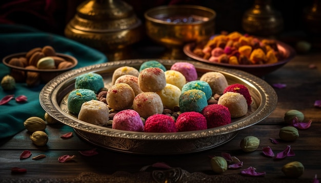 A bowl of colorful food is on a table.