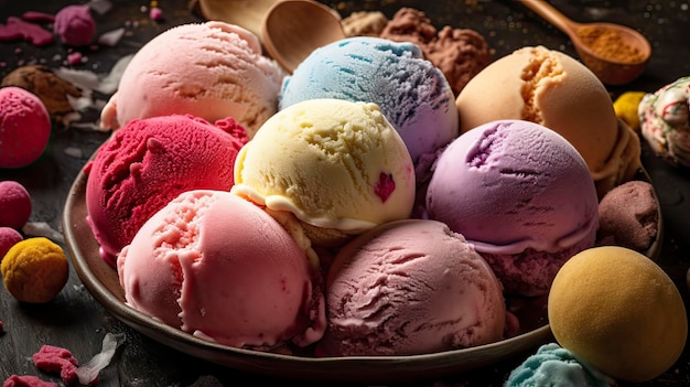 A bowl of colorful ice creams with one of them has a heart on the top.