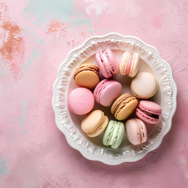 a bowl of colorful macaron with a pink and white flowered table cloth