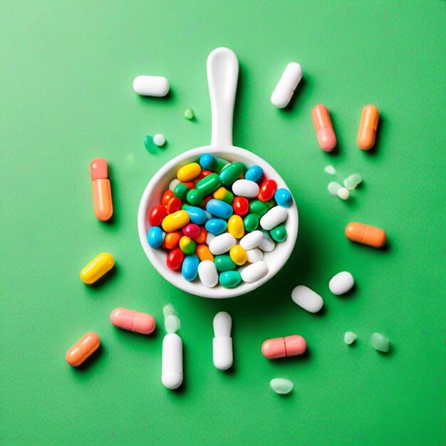 Photo a bowl of colorful pills with a spoon in it that says  capsule