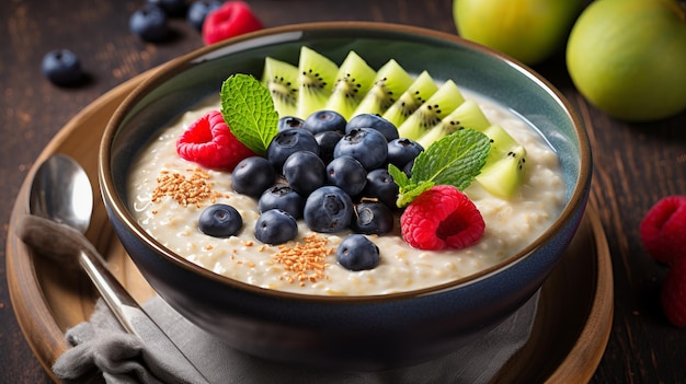 A bowl of comforting and nourishing porridge topped with fresh fruits