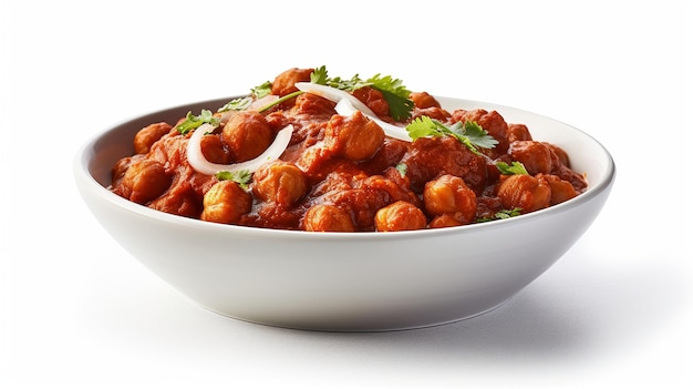 Bowl of cooked chickpeas with parsley leaves on a white background