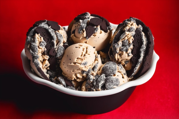 A bowl of cookies and ice cream with peanut butter on top.