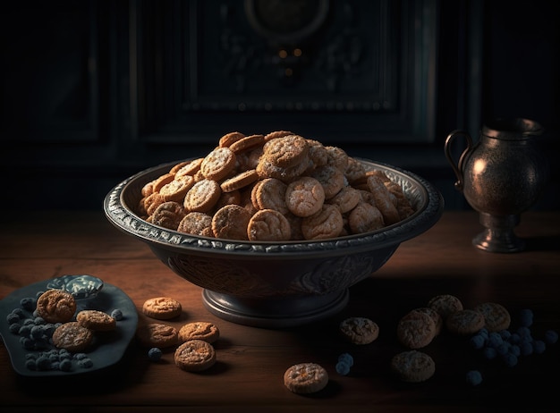 A bowl of cookies and a teapot with a teapot on it