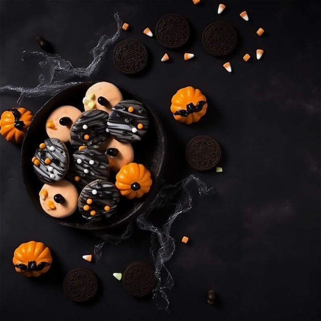 A bowl of cookies with halloween decorations on the table