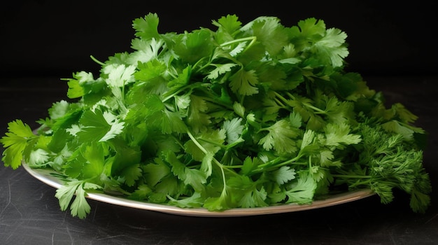 A bowl of coriander is shown on a black background.