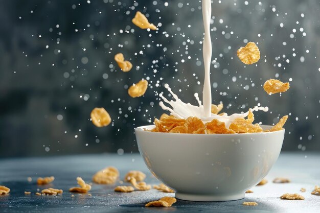 A bowl of corn flakes with milk pouring over them creating a copy space image