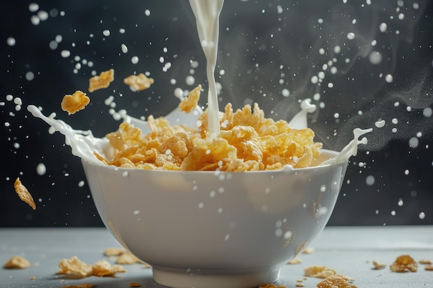 Photo a bowl of corn flakes with milk pouring over them creating a copy space image