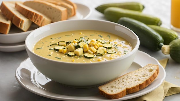 A bowl of corn and zucchini soup with a side of bread and a bowl of salad with cilantro