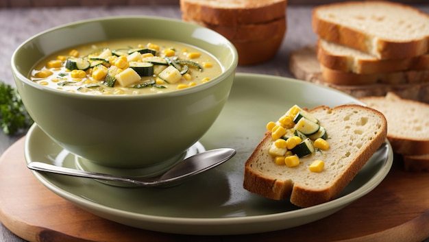 A bowl of corn and zucchini soup with a side of bread and a bowl of salad with cilantro