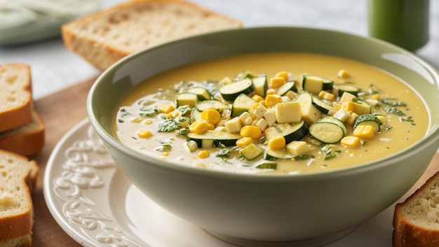 A bowl of corn and zucchini soup with a side of bread and a bowl of salad with cilantro