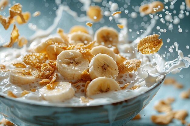 Bowl of Cornflakes and Milk with Banana and Coconut Slices Vibrant Food Styling on Blank Background