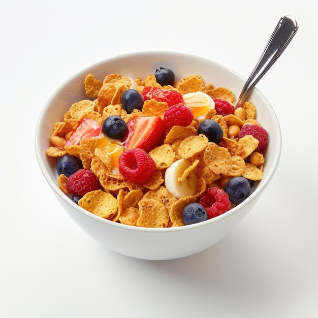 bowl of cornflakes with fresh berries and mint top view isolated on white