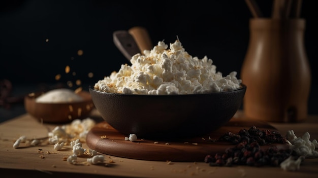 A bowl of cottage cheese sits on a table with a wooden spoon and a bowl of cheese.