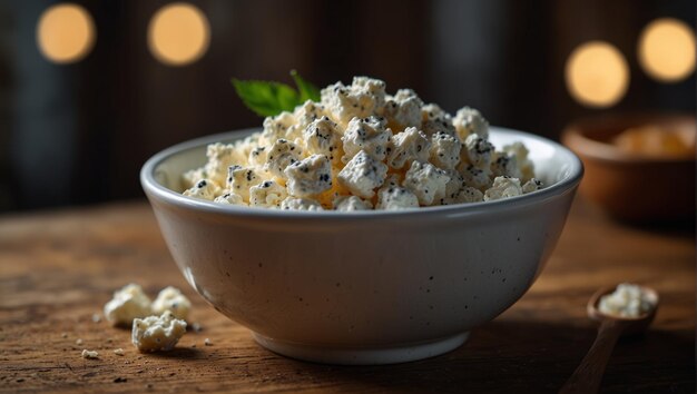 A bowl of cottage cheese sitting on a wooden table