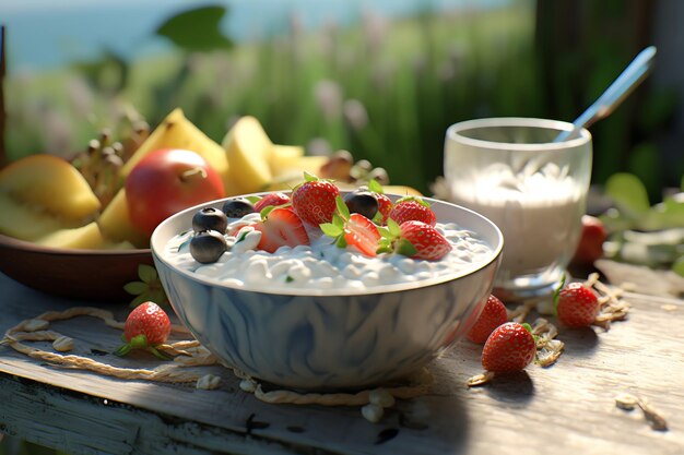 A bowl of cottage cheese with fruit on the side