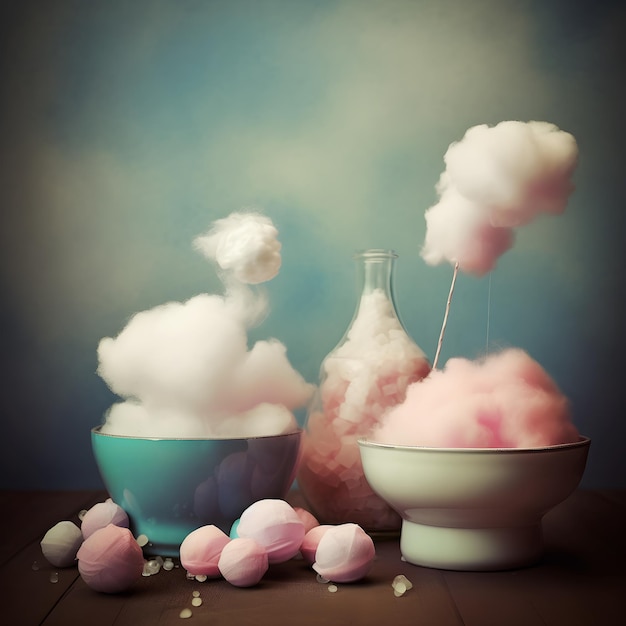 A bowl of cotton balls and a bottle of alcohol are on a table.