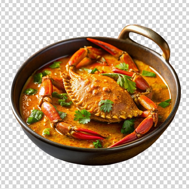 A bowl of crabs in a brown sauce with red peppers and parsley on top on transparent background