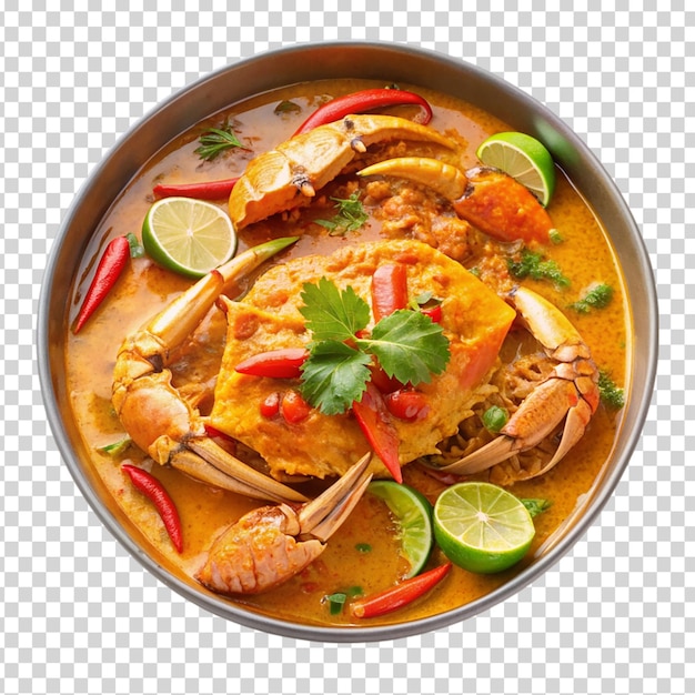 A bowl of crabs in a brown sauce with red peppers and parsley on top on transparent background