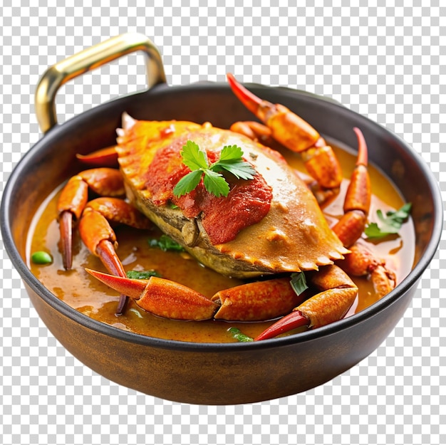 A bowl of crabs in a brown sauce with red peppers and parsley on top on transparent background