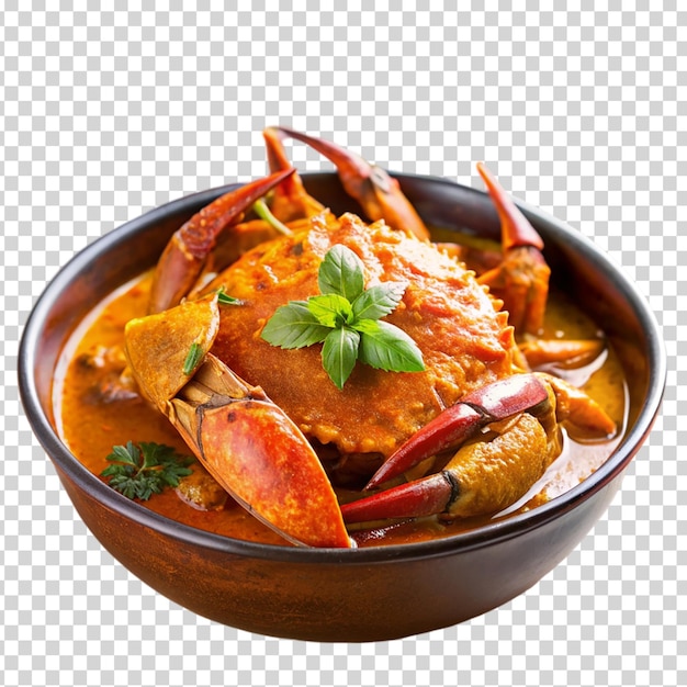 A bowl of crabs in a brown sauce with red peppers and parsley on top on transparent background