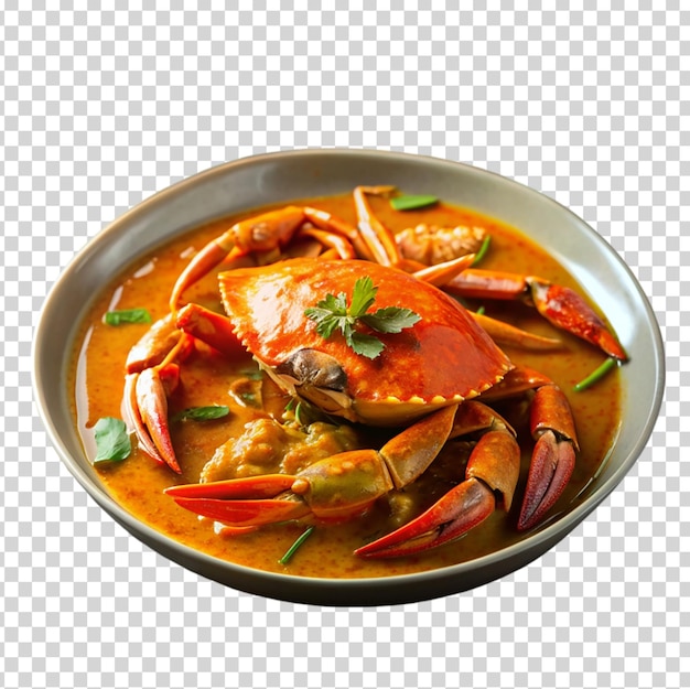 A bowl of crabs in a brown sauce with red peppers and parsley on top on transparent background